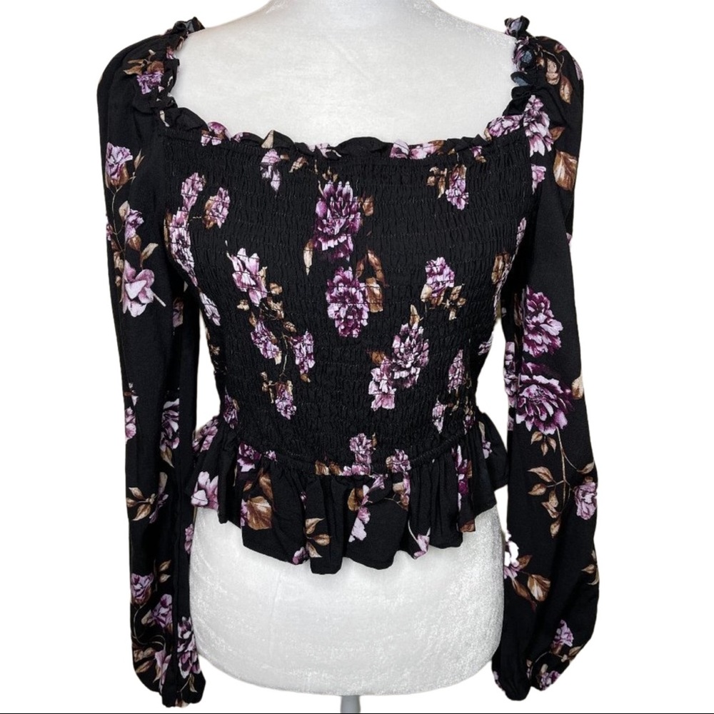 Wild Fable Floral Long Sleeve Ruffle Peplum Smock Top Medium